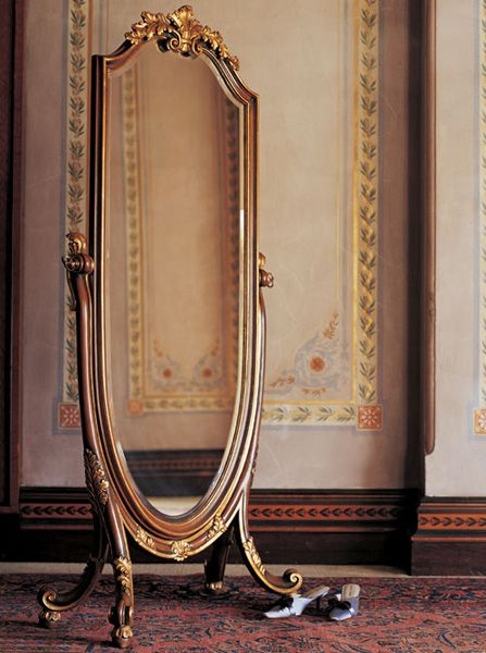 Cheval Mirror: Walnut Ornate Brass Scroll Legs Arched