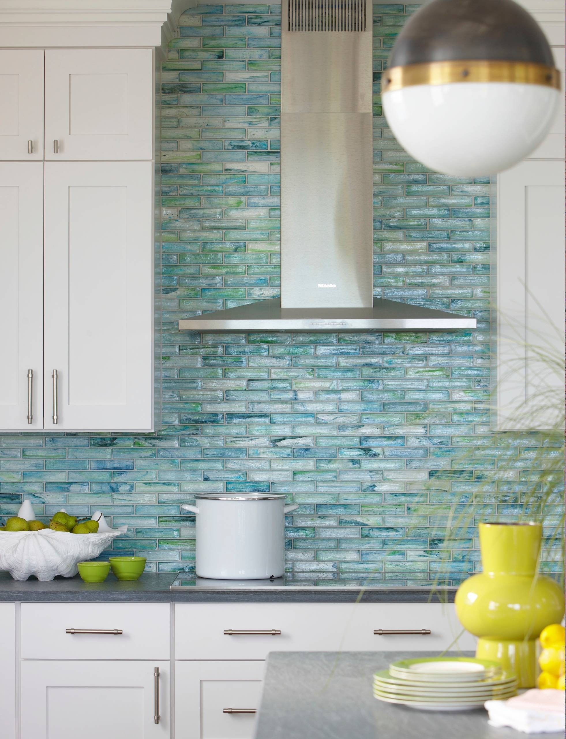 Chimney Range Hood Iridescent Glass Tile and Shell Decor