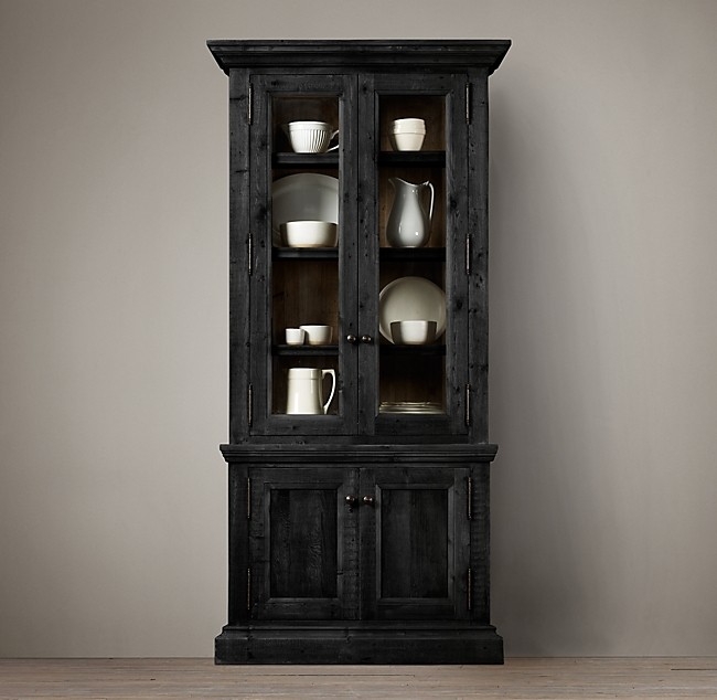 China Cabinet in Distressed Black for a Narrow Glass Front Hutch