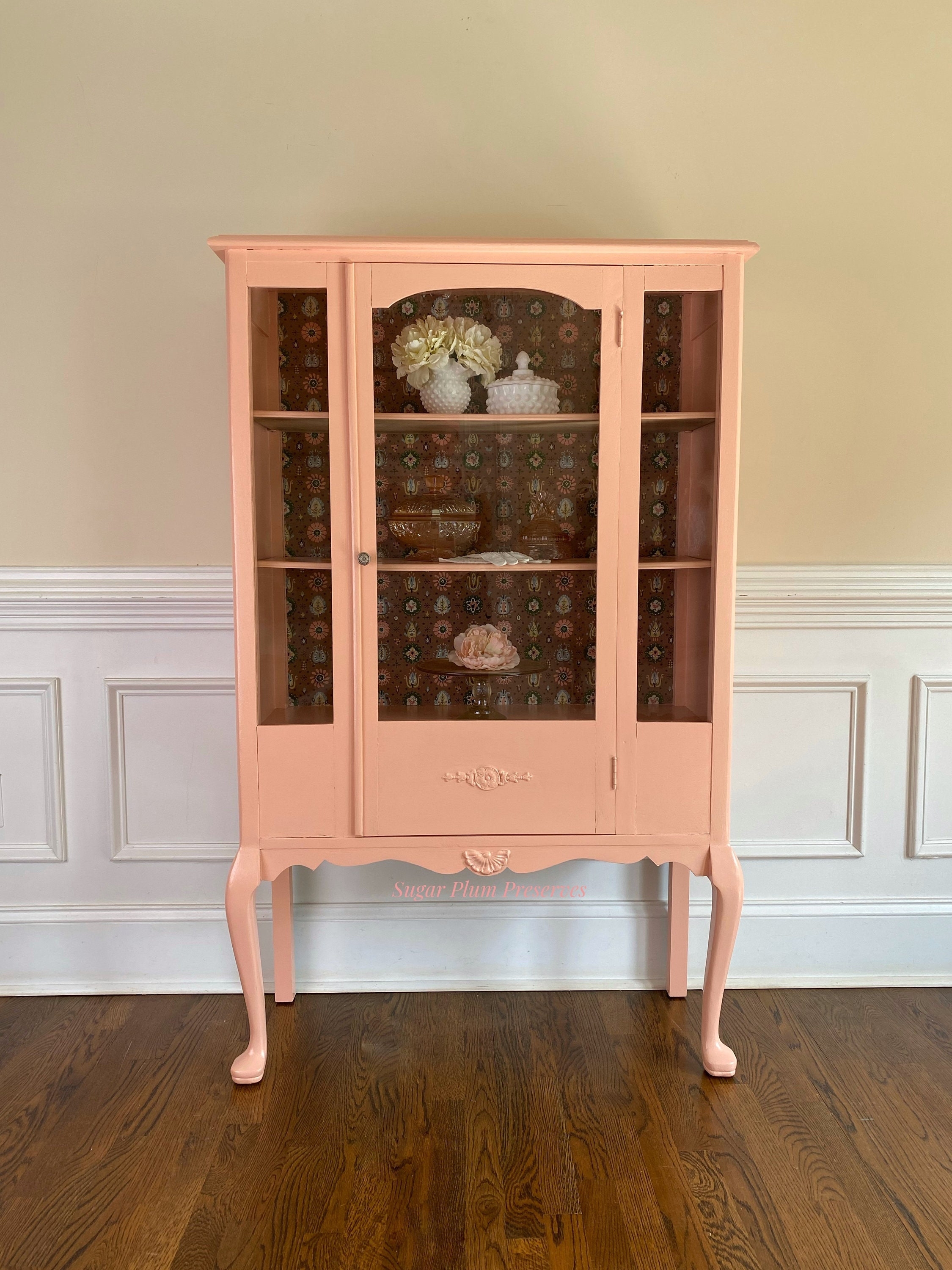 China Cabinet in Peach Pink with Vintage Floral Lining