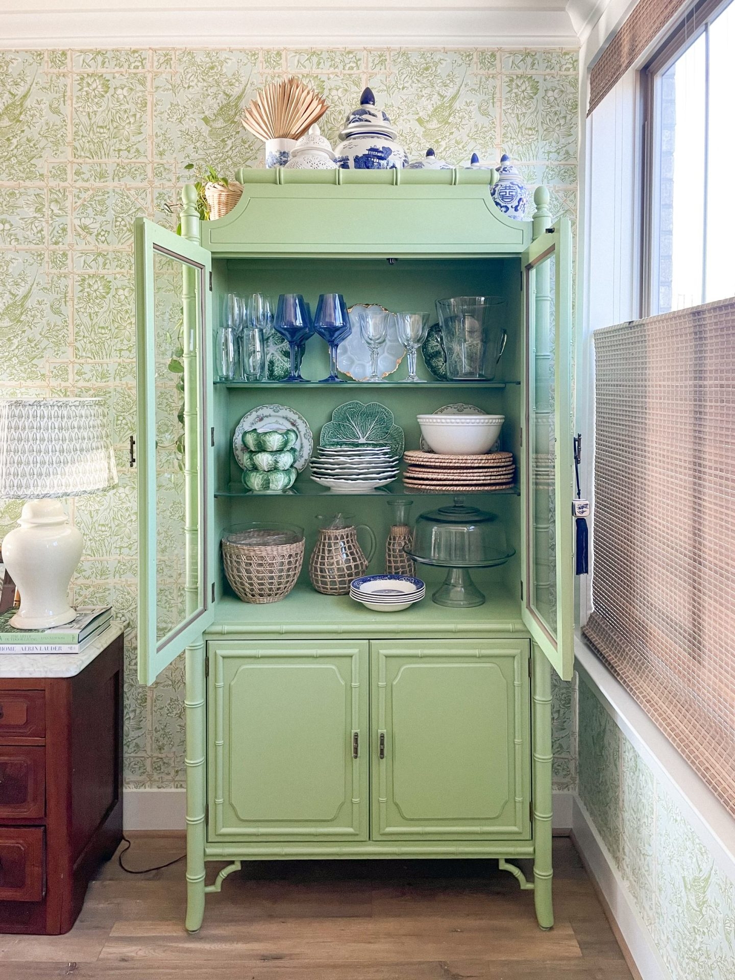China Cabinet with Faux Bamboo Detailing for Green Chinoiserie Cabinet