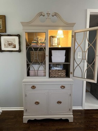 China Cabinet with Geometric Fretwork and Greige Paint
