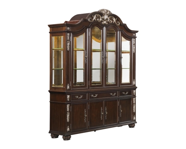 China Cabinet with Silver Scrollwork and Arched Crown