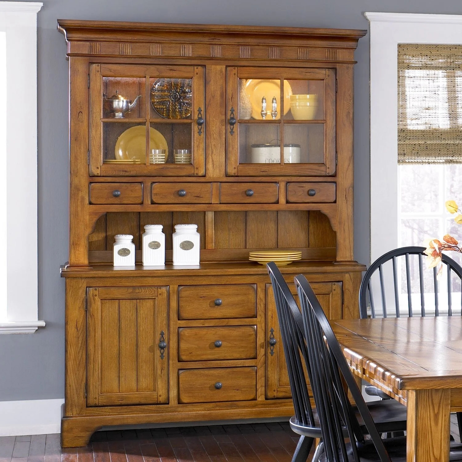 China Cabinet with Tiered Drawers and Warm Oak Finish