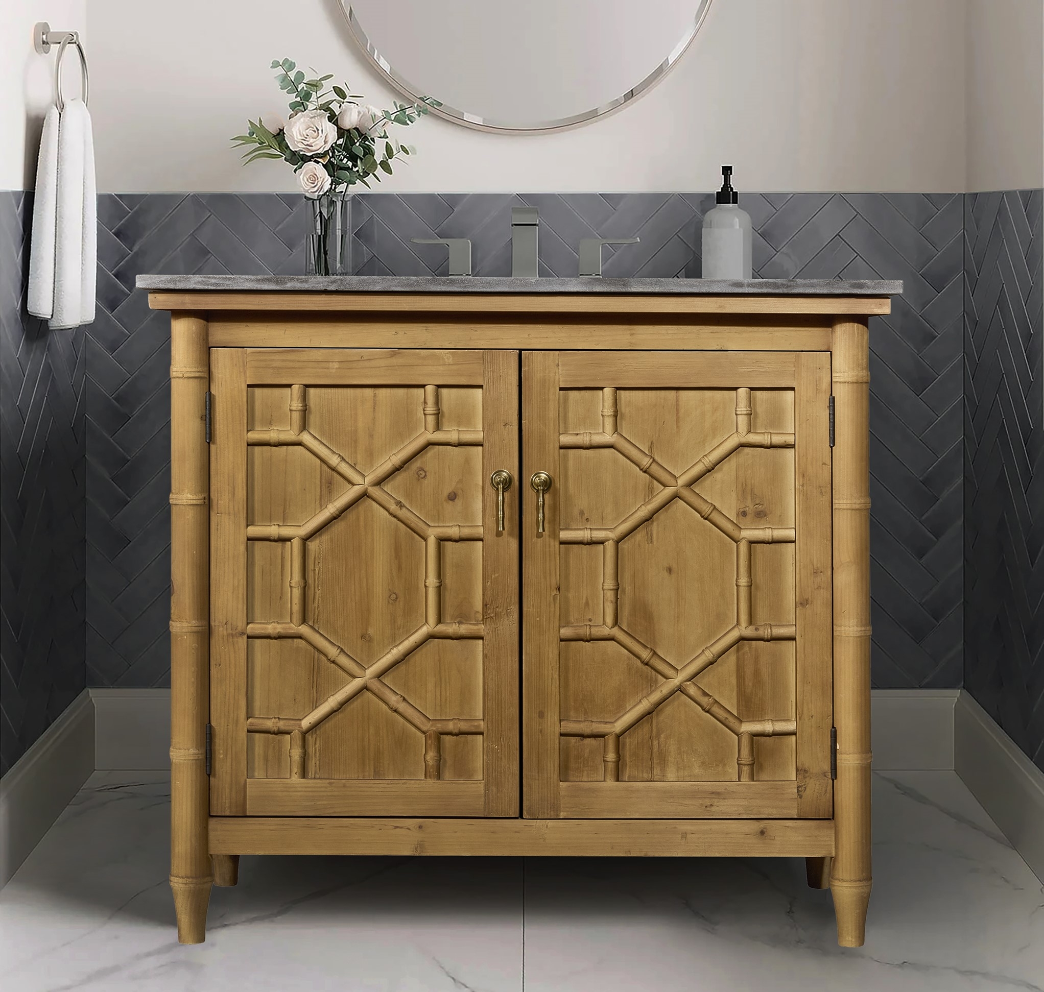 Chinoiserie Bathroom Vanity with Blue Stone Top Surface