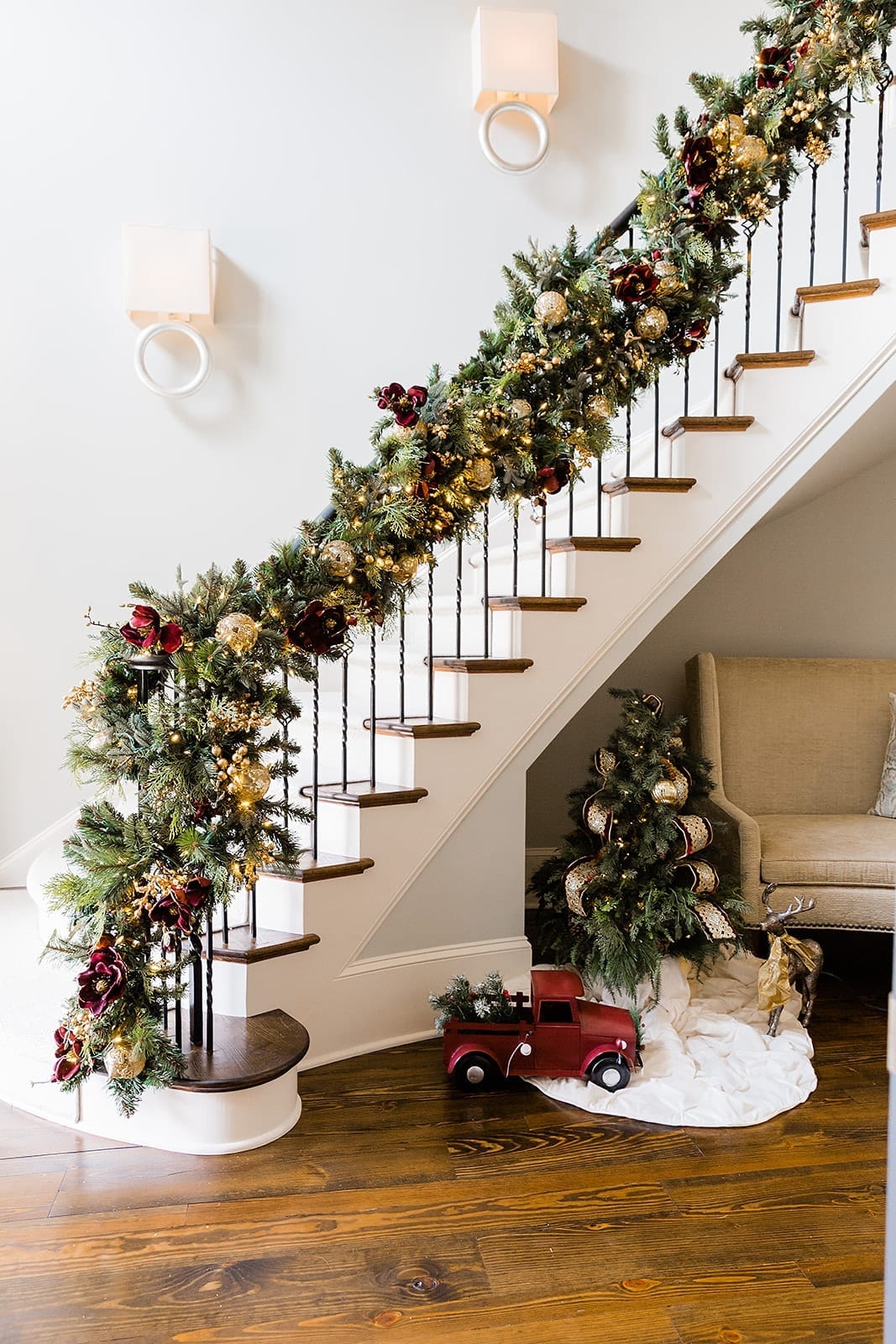 Christmas Garland with Double Layered Pine and Burgundy Florals