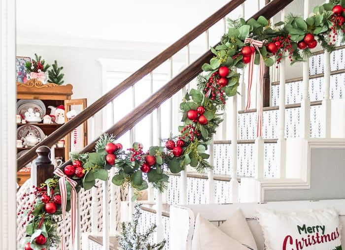 Christmas Garland with Eucalyptus Base and Striped Ribbons