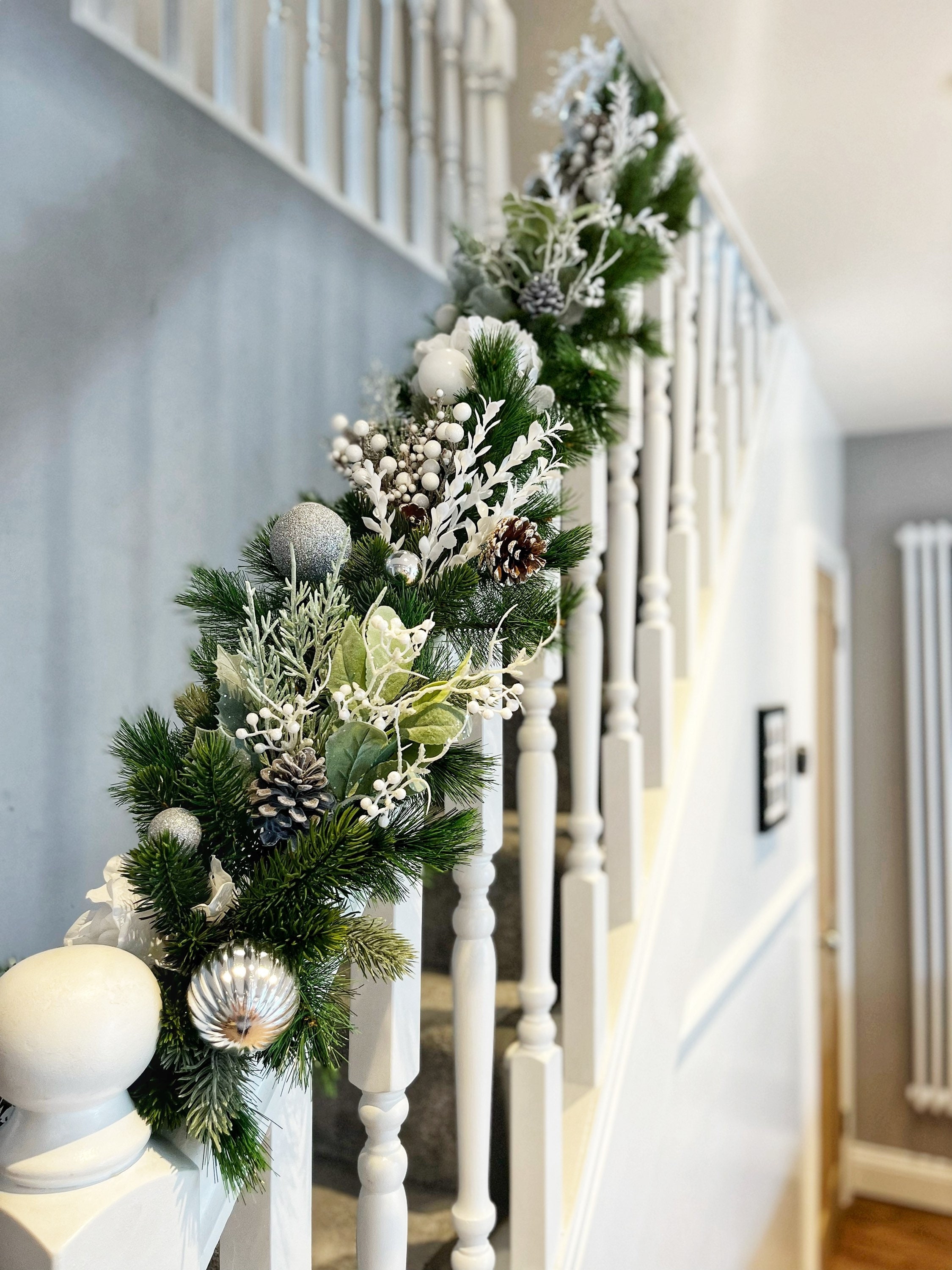 Christmas Garland with Frosted Twigs and Ribbed Silver Ornaments