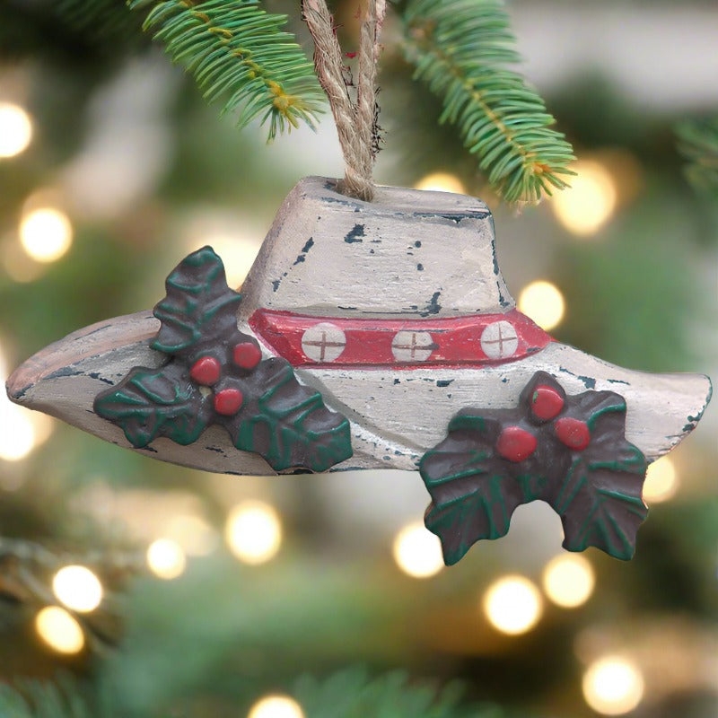 Christmas Ornament Holly Berry Clusters Distressed Western Hat