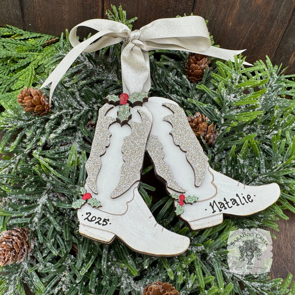 Christmas Ornament Personalized Lettering White Cowboy Boot Decor