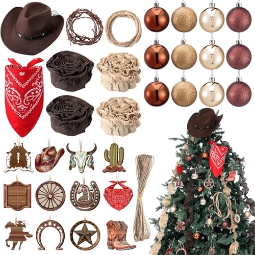 Christmas Ornament Set Cowboy Hat Topper Rustic Western Baubles