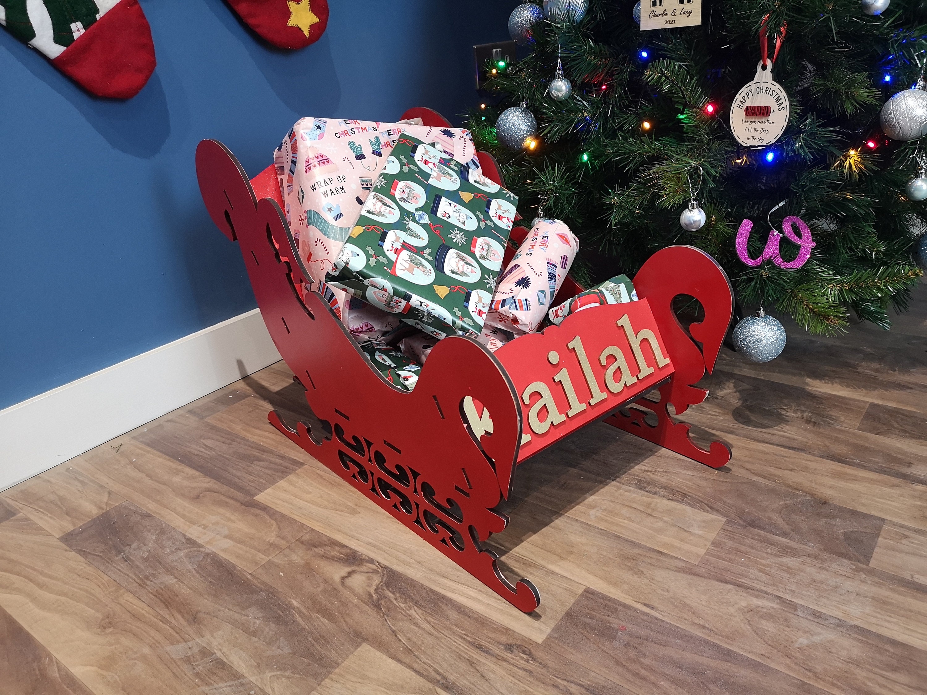 Christmas Sleigh Box: Personalized Nameplate Laser Cut Gift Crate