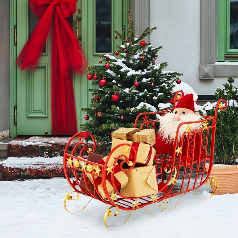 Christmas Sleigh: Cherry Red Finish Gold Star Accents Decor