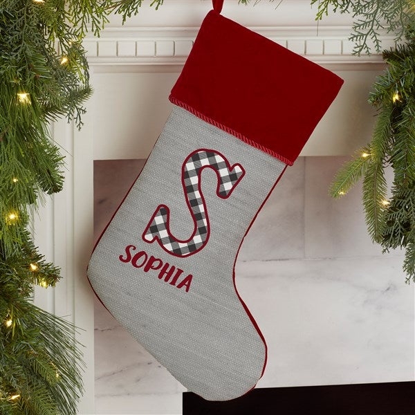 Christmas Stocking: Buffalo Check Monogram with Gray Body