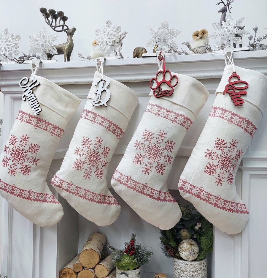 Christmas Stocking: Cross Stitch Snowflake & Wooden Name Tags