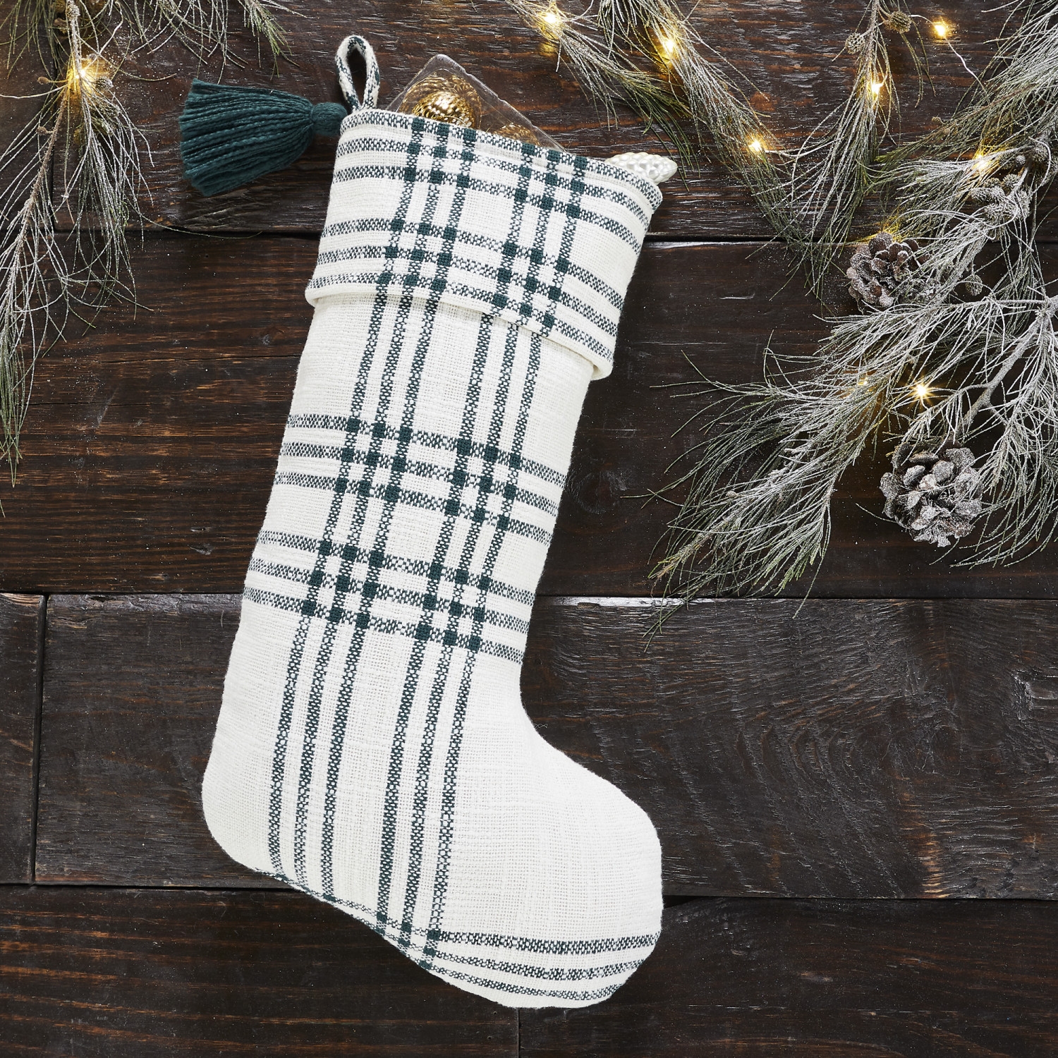 Christmas Stocking: Dark Green Tassel with Plaid Weave Fabric