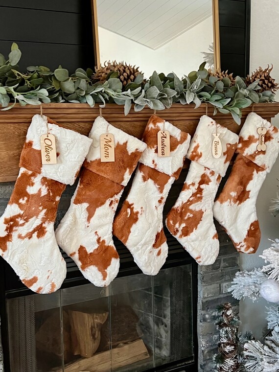 Christmas Stocking: Ginger Cowhide Print & Pet Shape Tags
