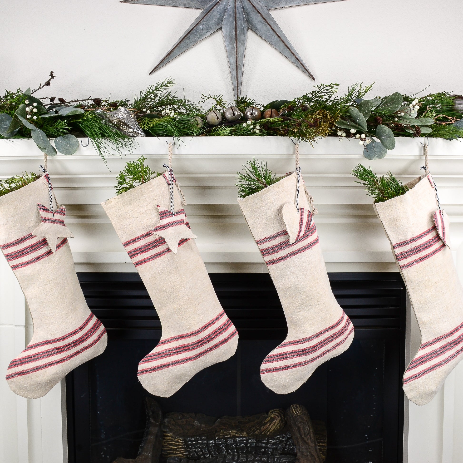 Christmas Stocking: Grain Sack Stripes & Star Heart Charms