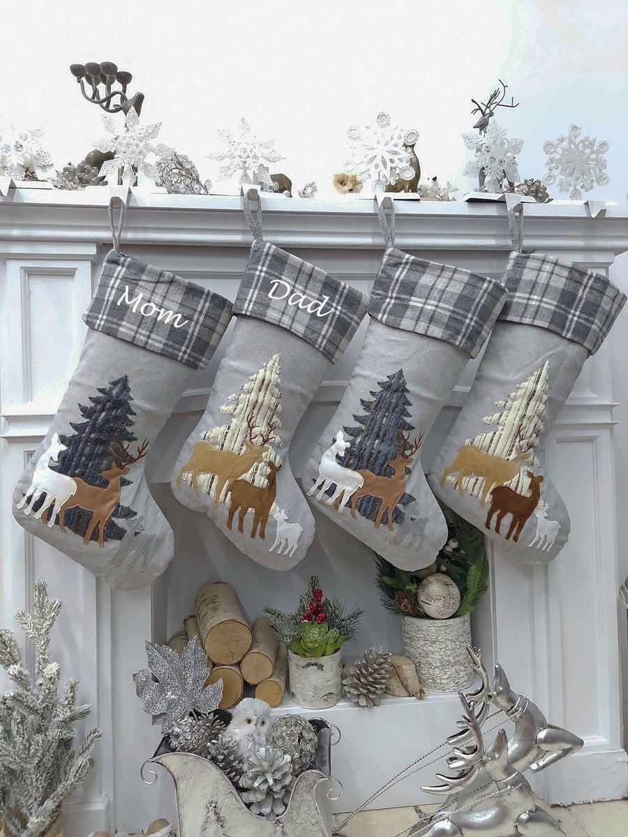 Christmas Stocking: Plaid Cuff Detail and Woodland Deer Motif