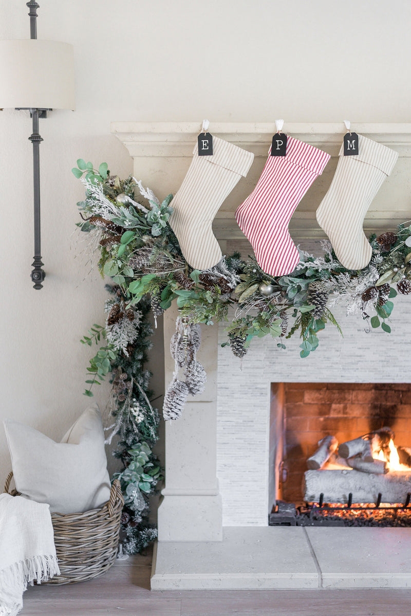 Christmas Stocking: Ticking Stripes and Personalized Monogram Tags