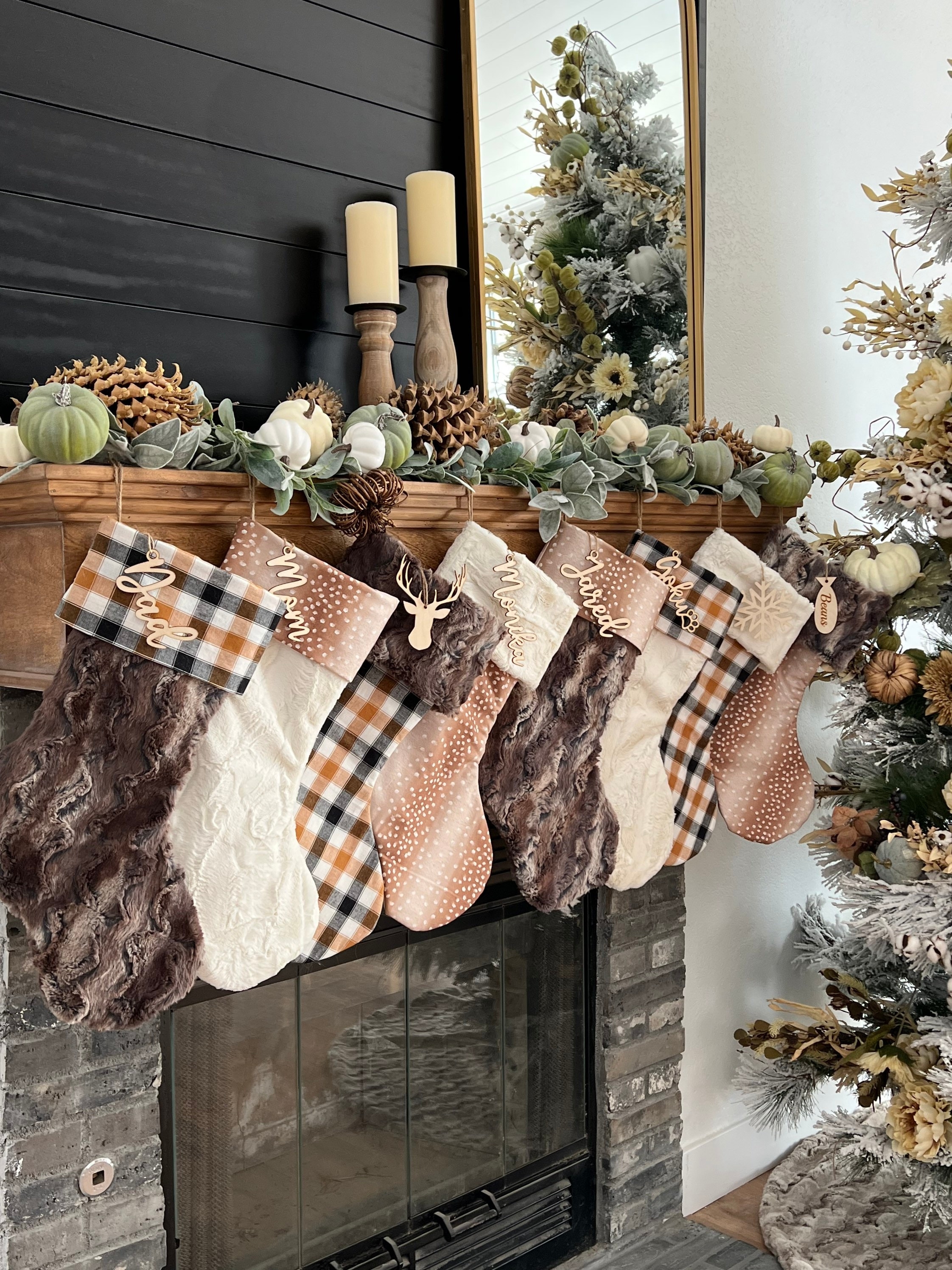 Christmas Stockings: Mixed Textures & Brown Plaid Faux Fur