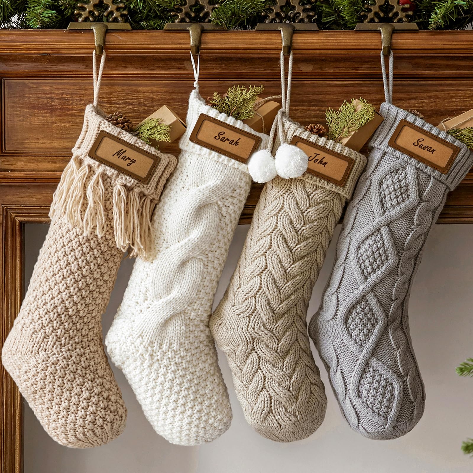 Christmas Stockings: Neutral Mixed Knit Patterns & Leather Tags
