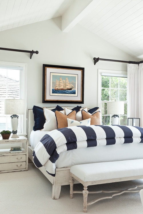 Coastal Bedroom Suite: Bold Striped Duvet and Ship Wall Art
