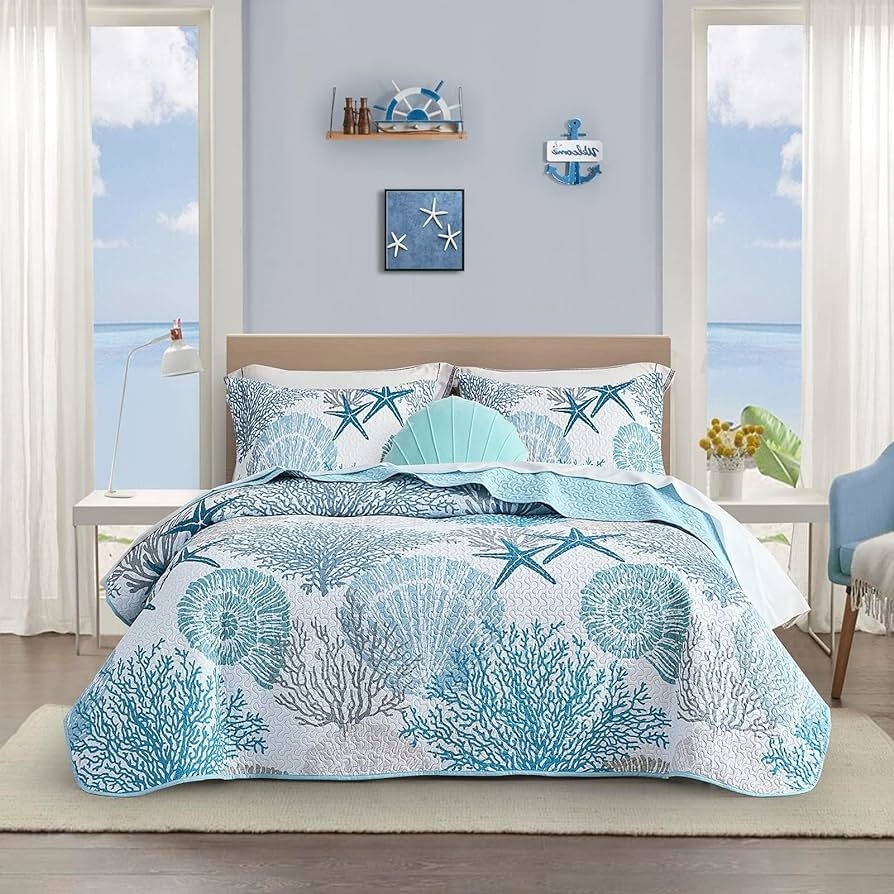 Coastal Quilt Set with Coral Starfish Print Teal Bedspread