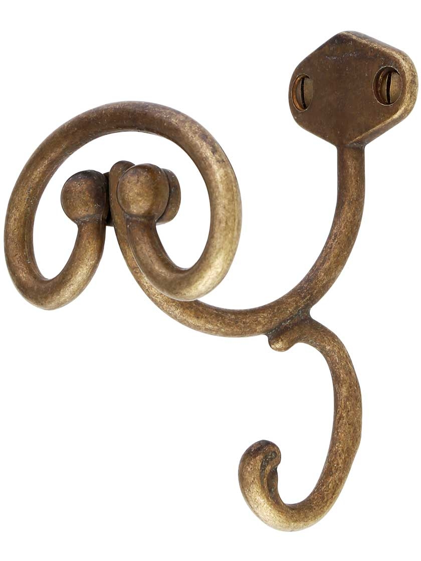 Coat Hook Victorian scroll coat hook and ball finials aged brass