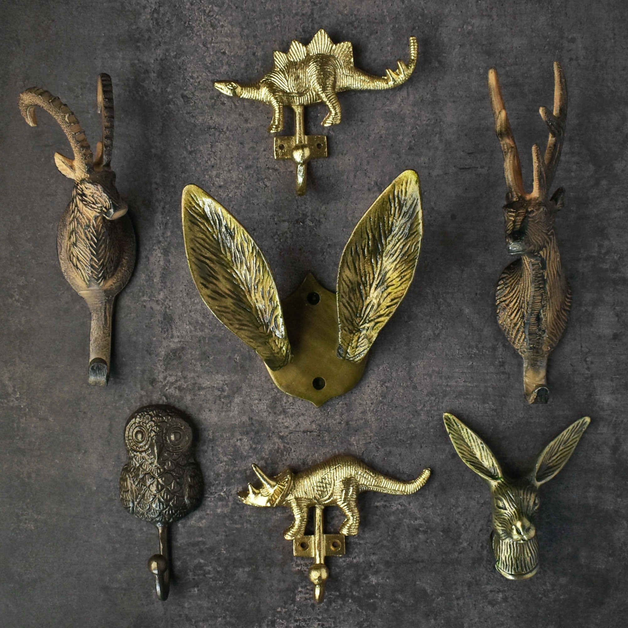 Coat Hooks animal motifs antique brass dinosaur hangers aged patina