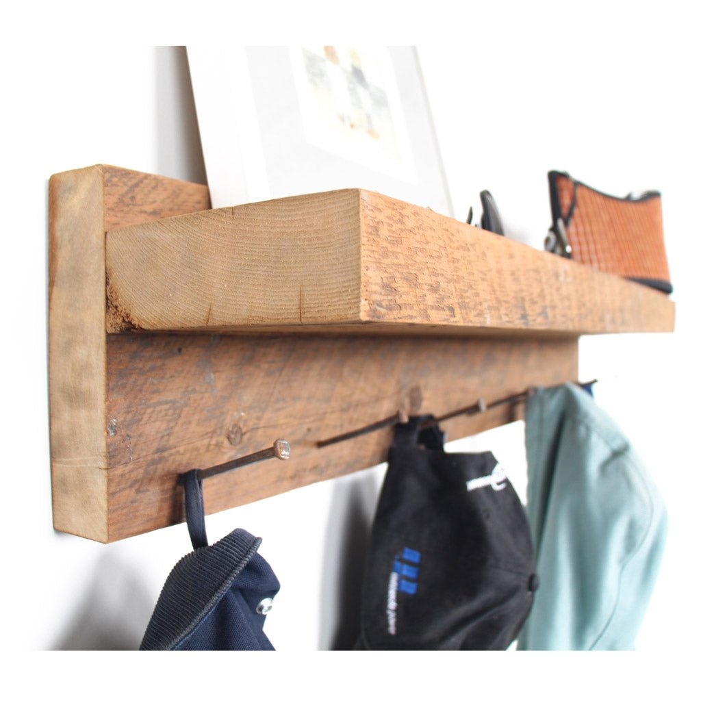Coat Rack industrial nail hook rack with integrated shelf timber