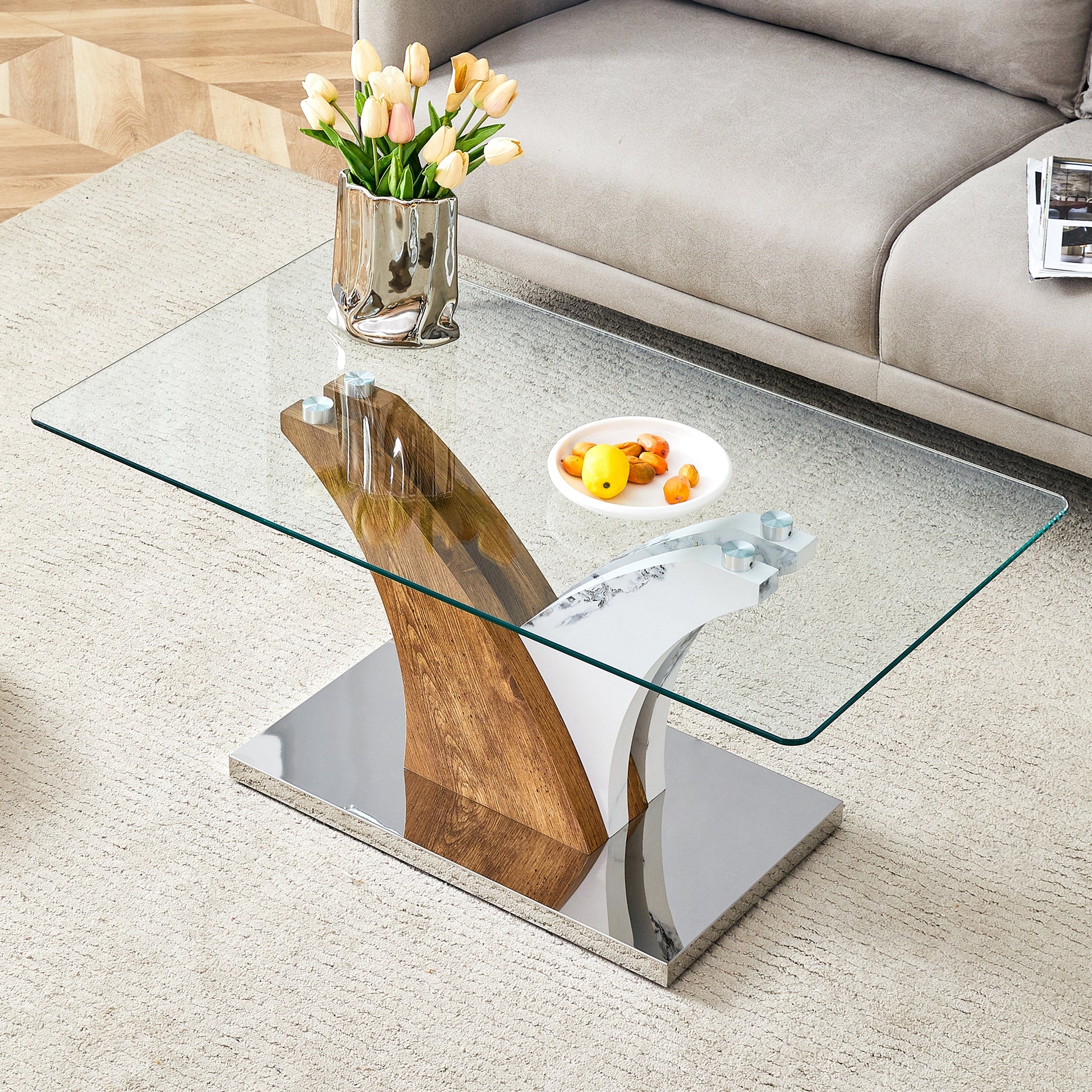 Coffee Table Abstract Pedestal Base and Mixed Material Design
