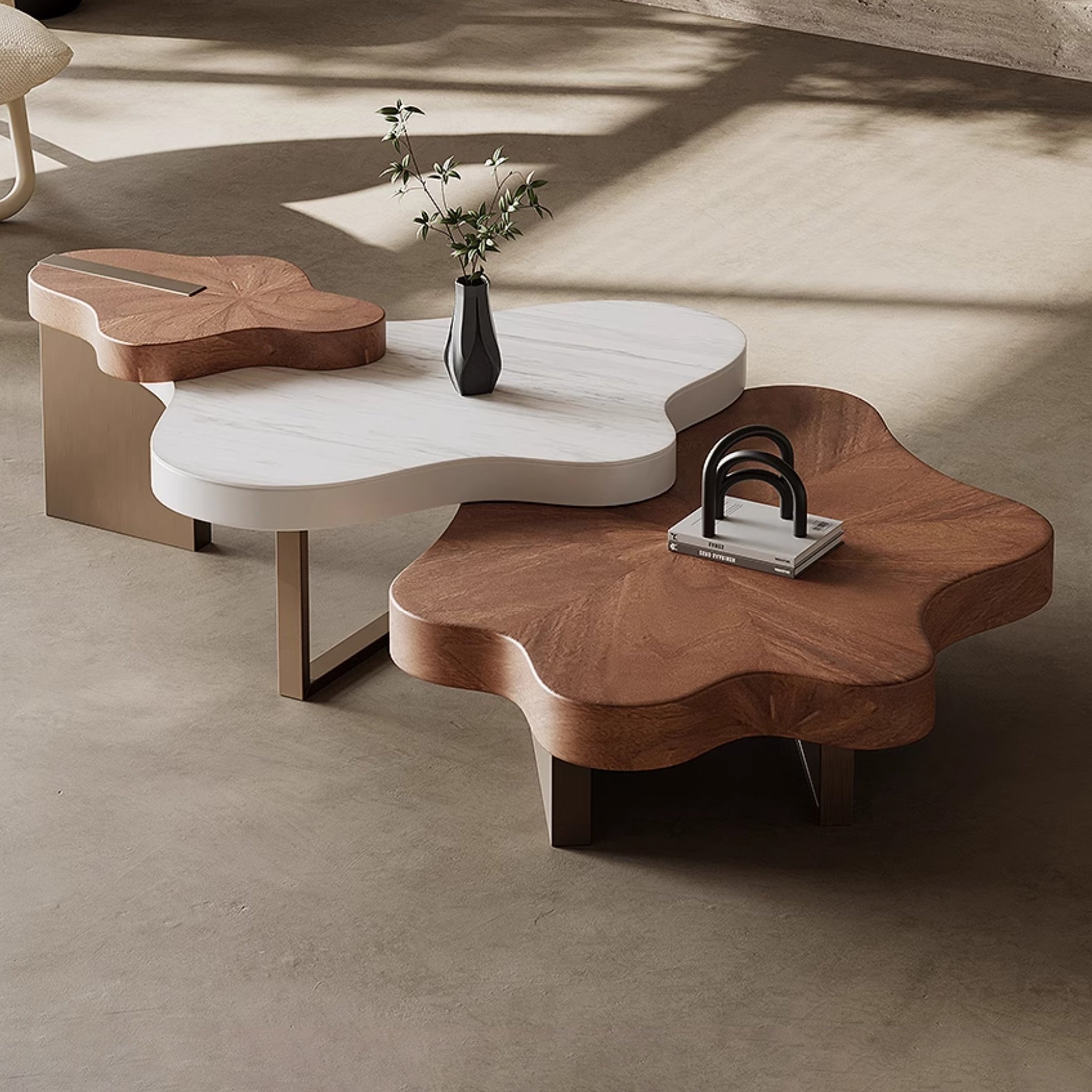 Coffee Table: Amoeba Silhouette Triple Tiered Nested Radial Grain