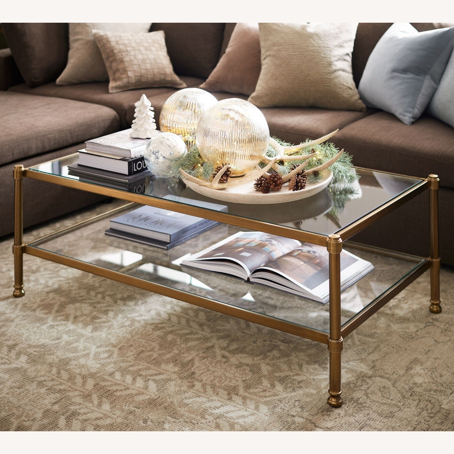 Coffee Table Antique Brass Metal Frame with Two-Tier Glass