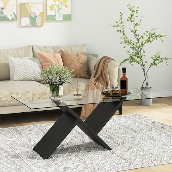 Coffee Table Architectural X-Base and Modern Glass Top Table
