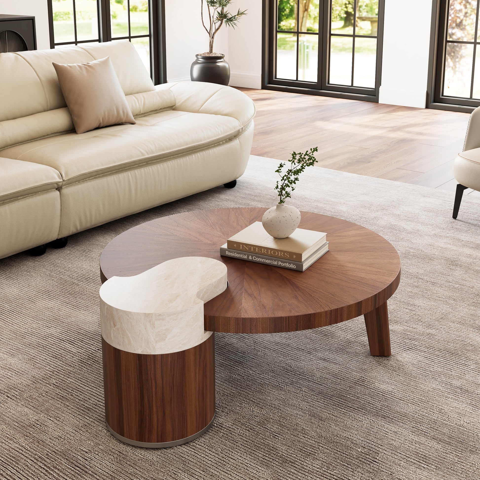 Coffee Table: Asymmetrical Walnut Mixed Material Radial Pattern