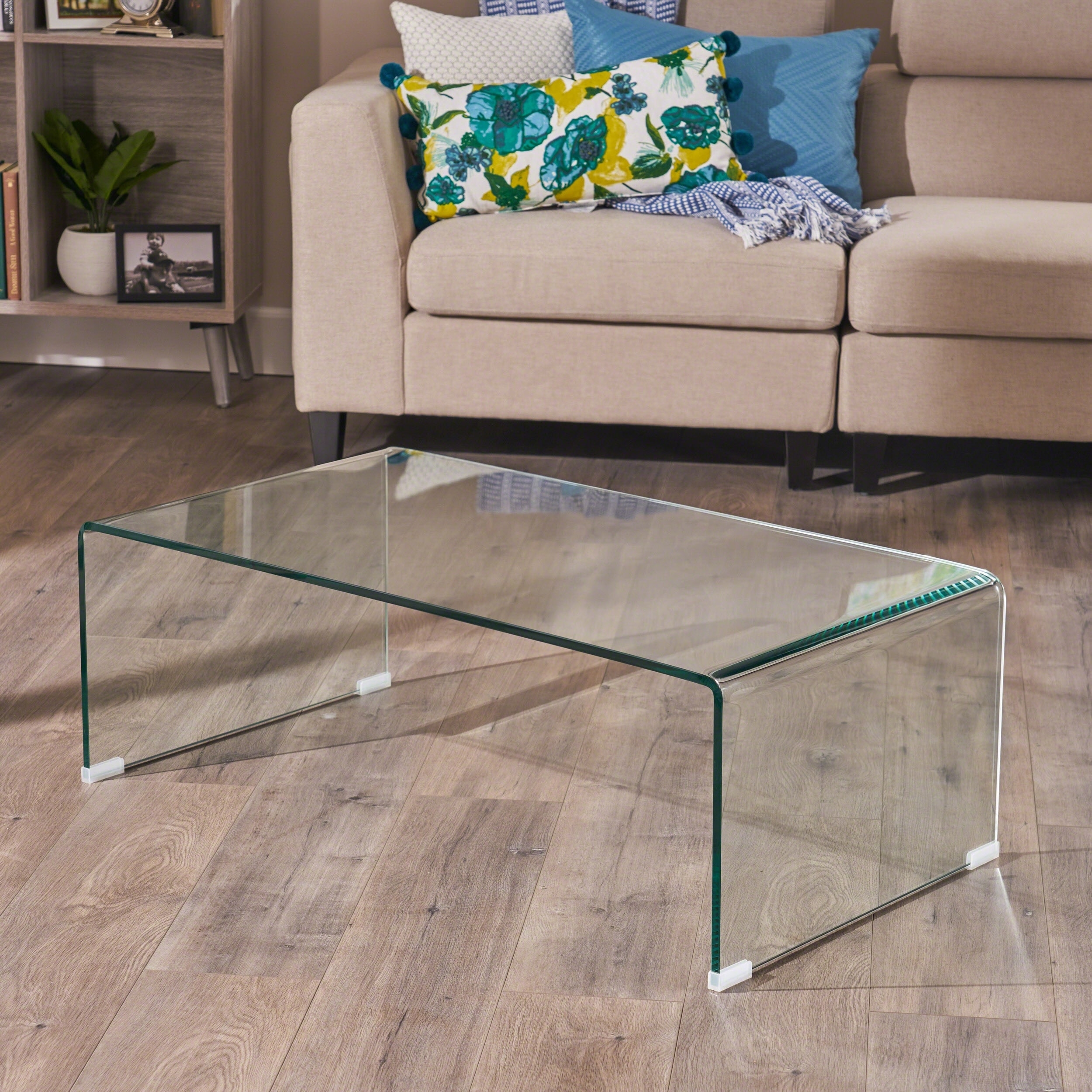 Coffee Table Bent Glass and Minimalist Transparent Waterfall Table