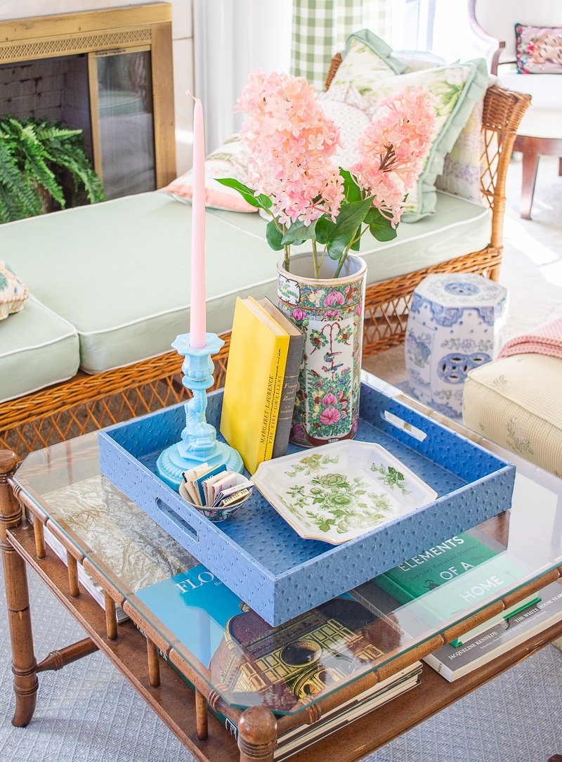 Coffee Table Blue Tray Chinoiserie Style Glass Table