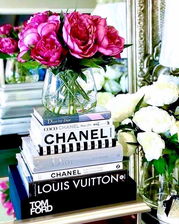 Coffee Table Books with Luxury Fashion Titles and Vibrant Peonies