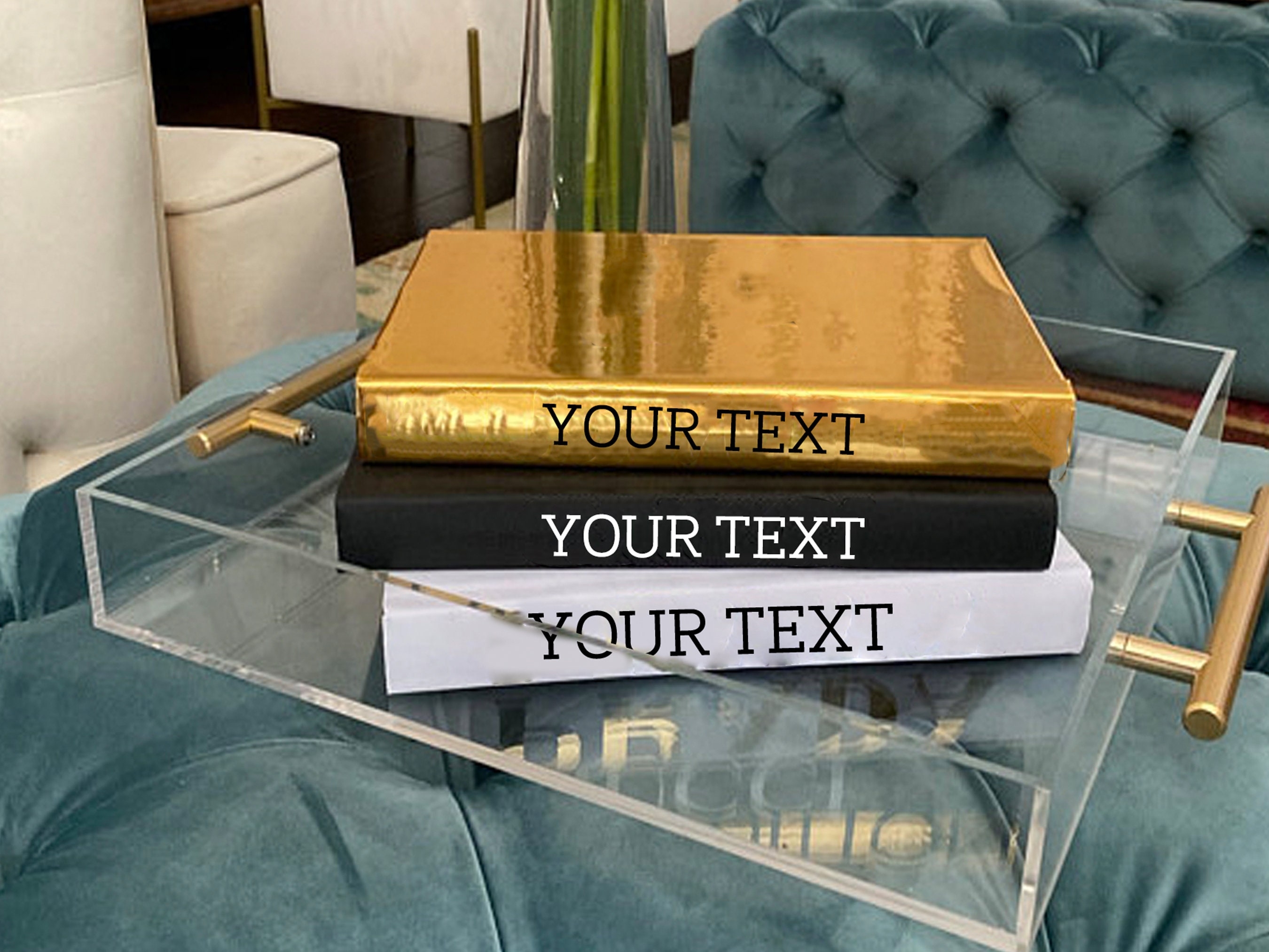 Coffee Table Books with Personalized Spine Text in Acrylic Tray