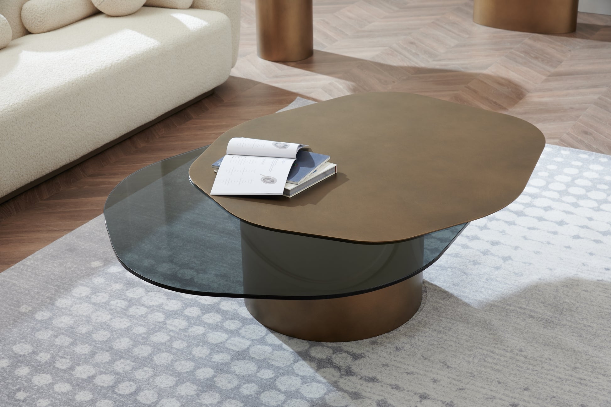 Coffee Table: Bronze Tiered Top with Smoked Glass Pedestal Base