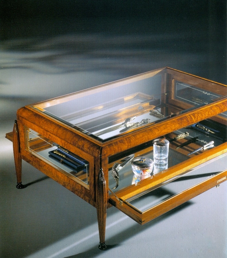 Coffee Table Burl Wood Veneer Mirrored Display Case Center