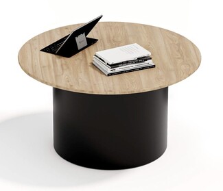 Coffee Table Cylindrical Pedestal Matte Black Round Wood Table