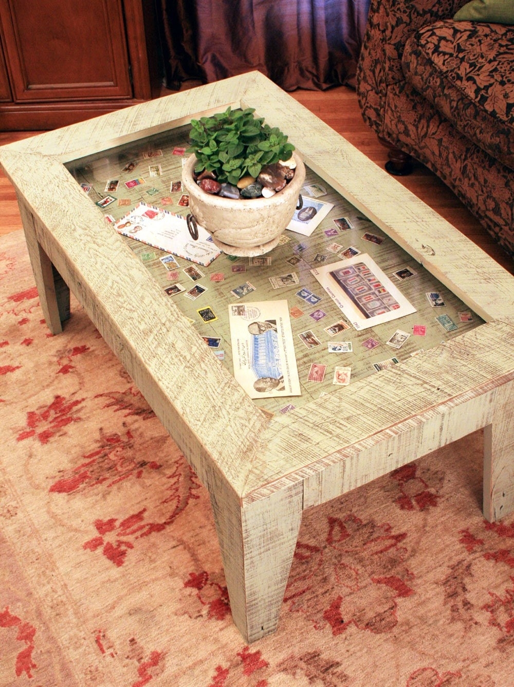 Coffee Table Distressed Moss Green Shadowbox Display Piece