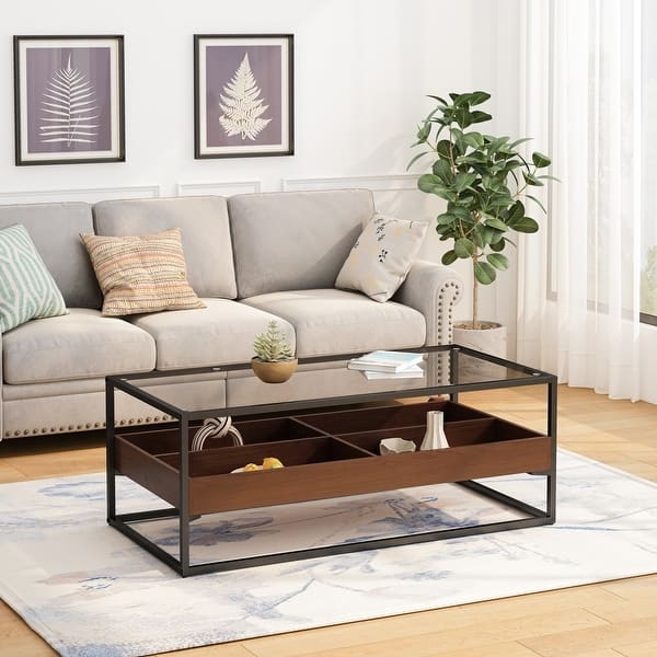 Coffee Table Divided Storage Compartments and Glass Top Table