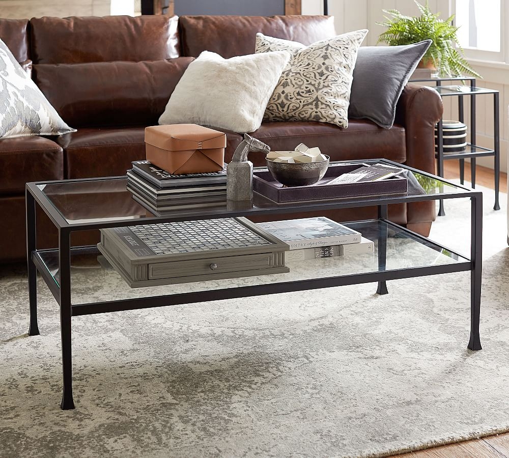 Coffee Table Flared Feet and Slim Metal Frame Glass Tier Table