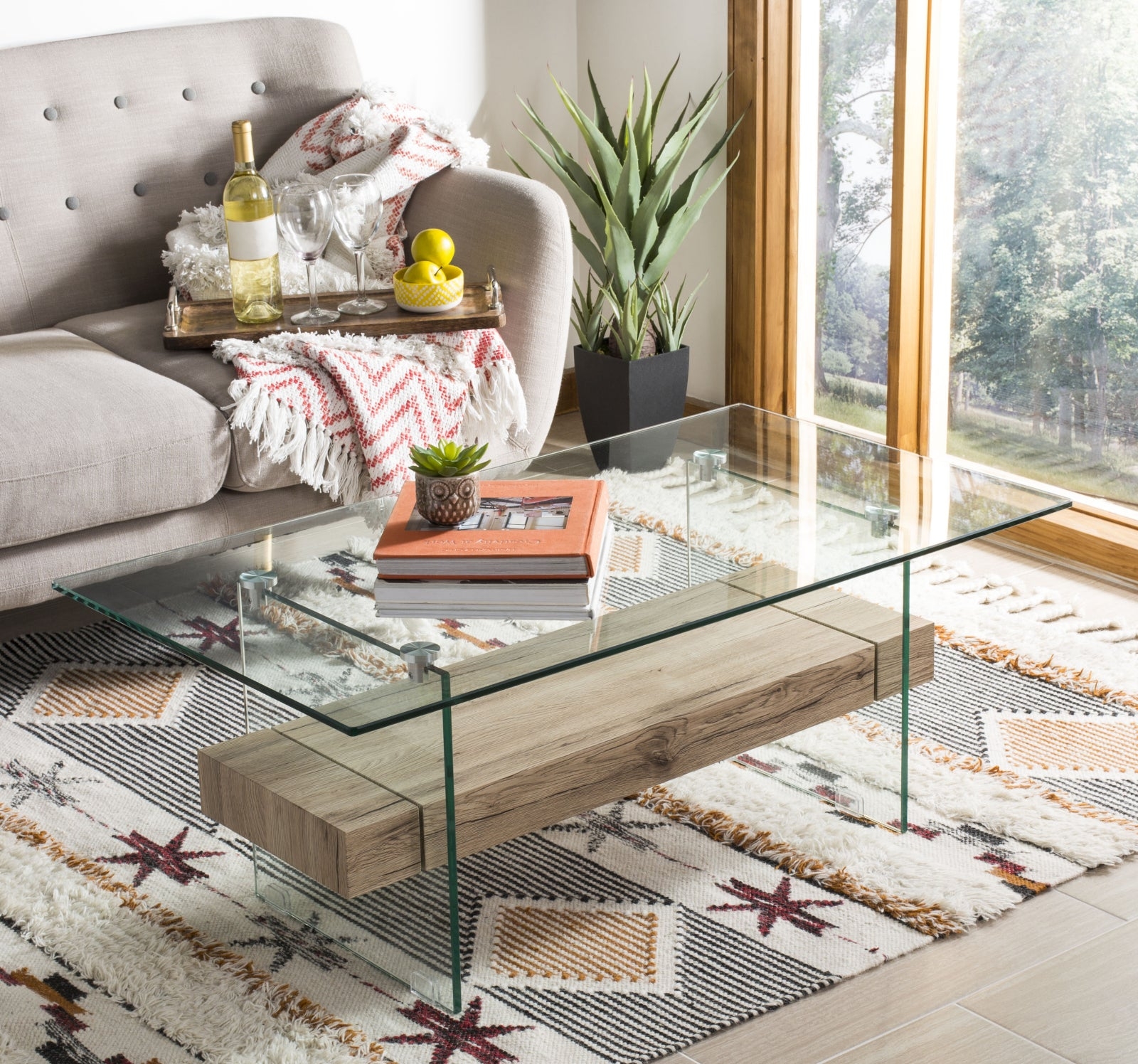 Coffee Table Floating Wood Shelf with Contemporary Glass Rectangular Table