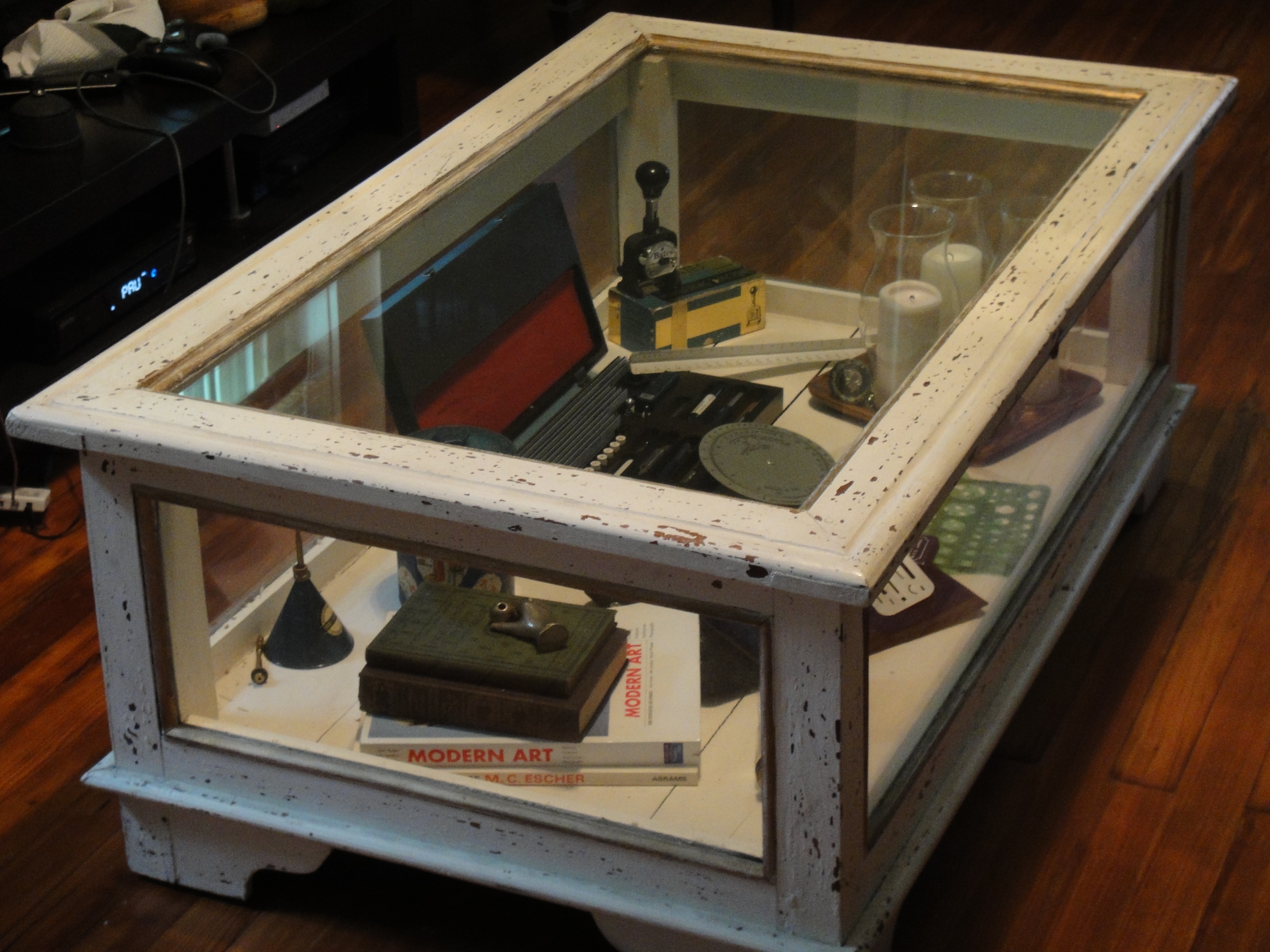 Coffee Table Glass Display Case Distressed White Finish Box