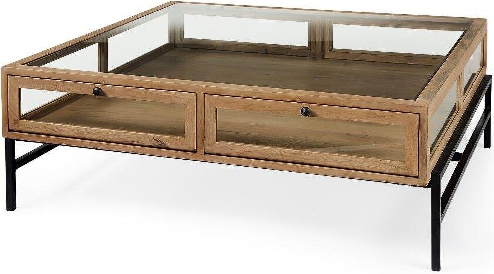 Coffee Table Glass Front Drawers Slim Metal Frame Case