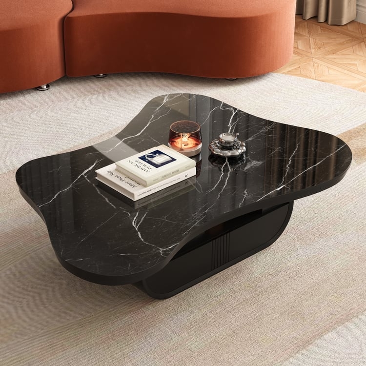 Coffee Table: Glossy Black Sintered Stone Cloud Shape with Storage